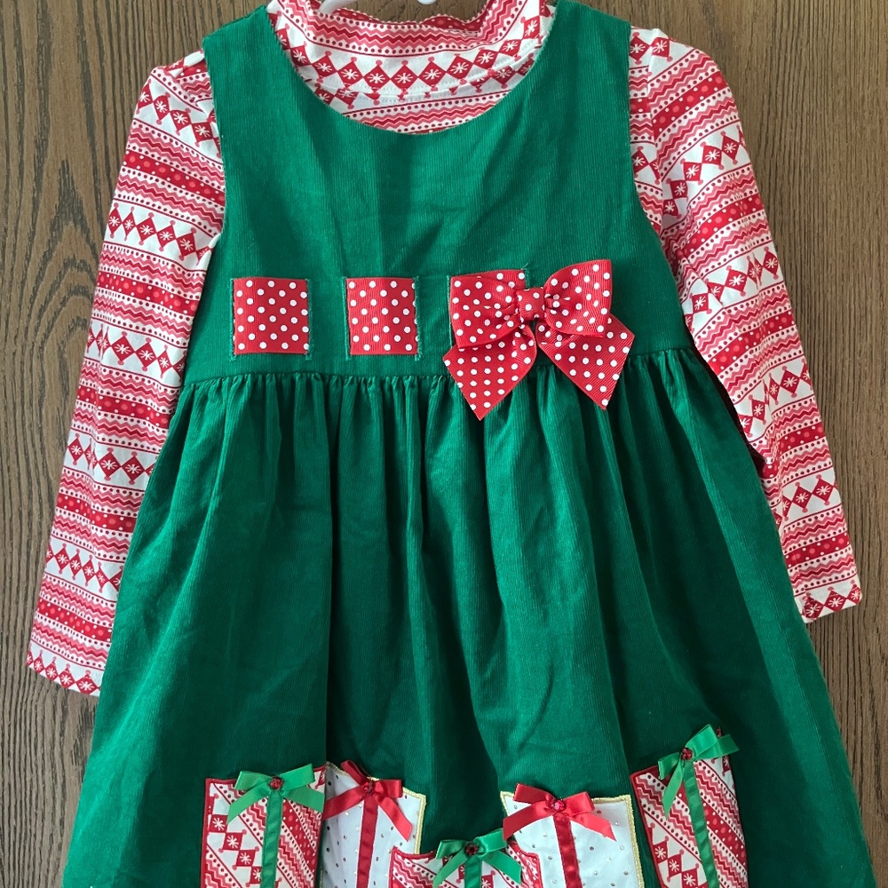 Bonnie Jean Corduroy Embroidered Christmas Present Jumper Dress and Top-3T